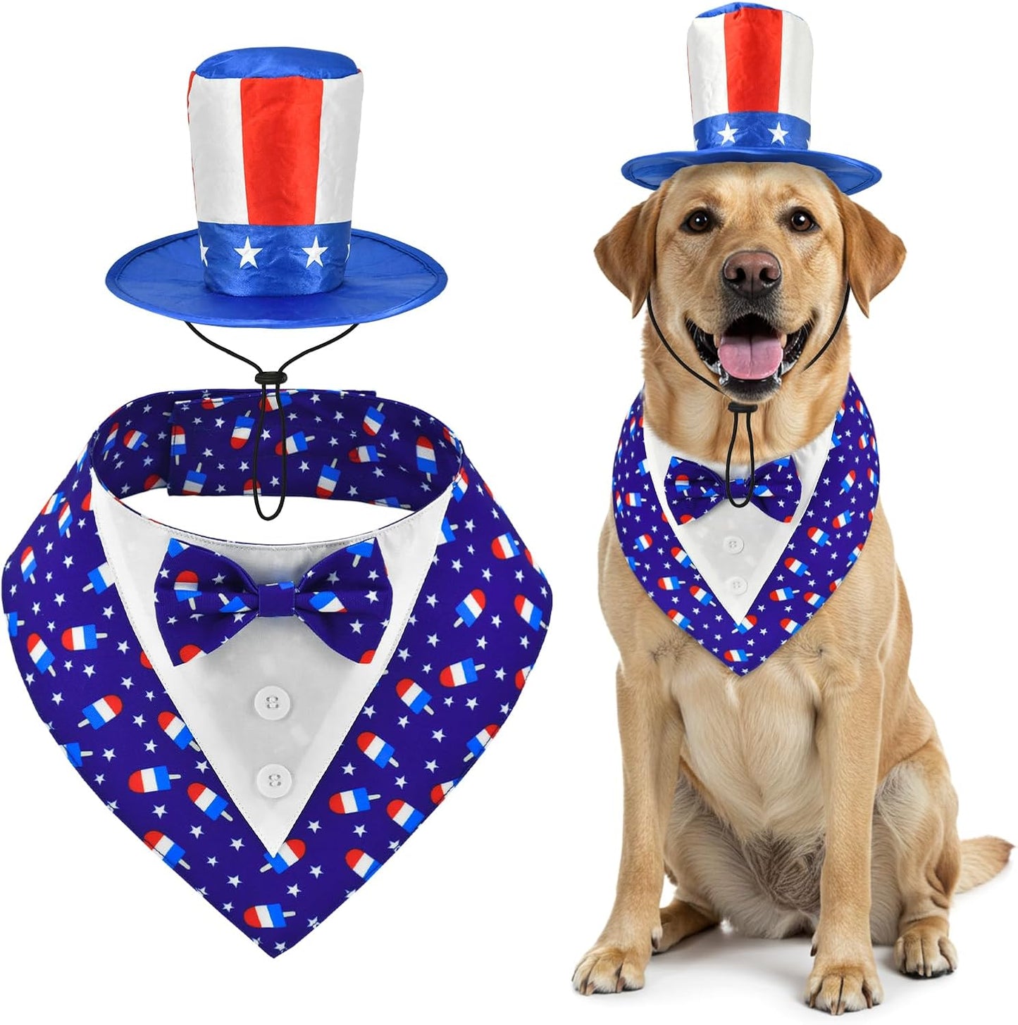 ShuRung Independence Day dog tuxedo front view on a golden retriever.