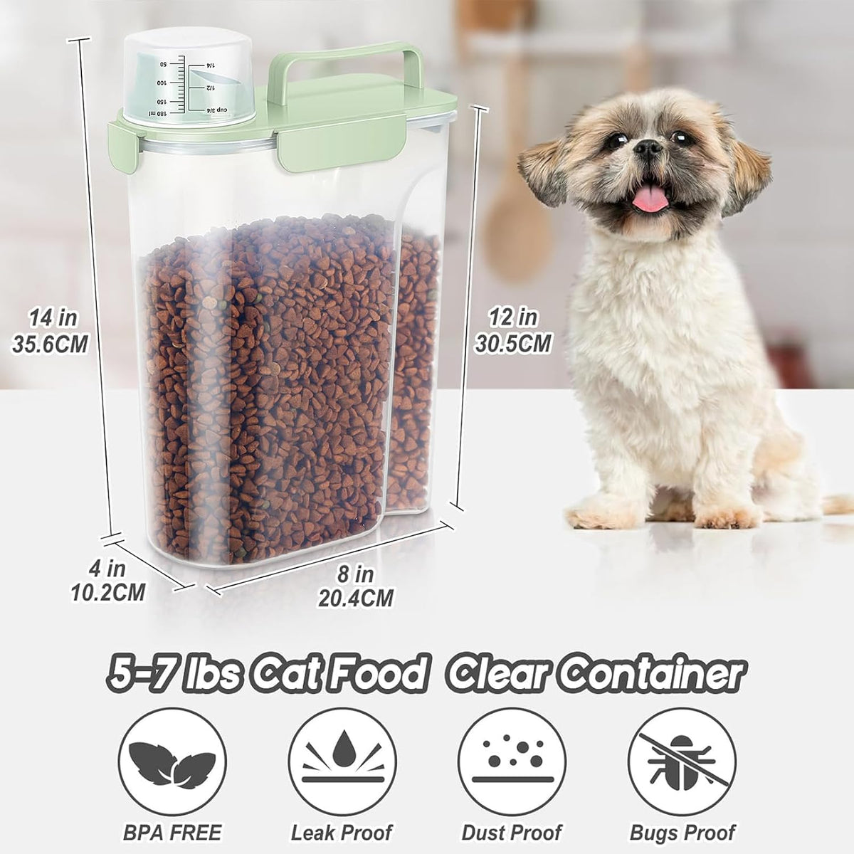 Leawalk pet food bin showing the large pouring nozzle and measuring cup