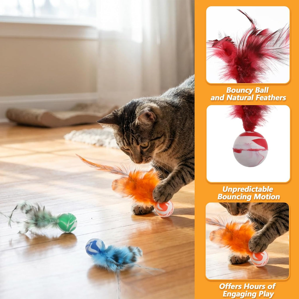 Pack of five durable rubber cat bouncy balls with extended natural feather attachments.