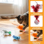 Pack of five durable rubber cat bouncy balls with extended natural feather attachments.