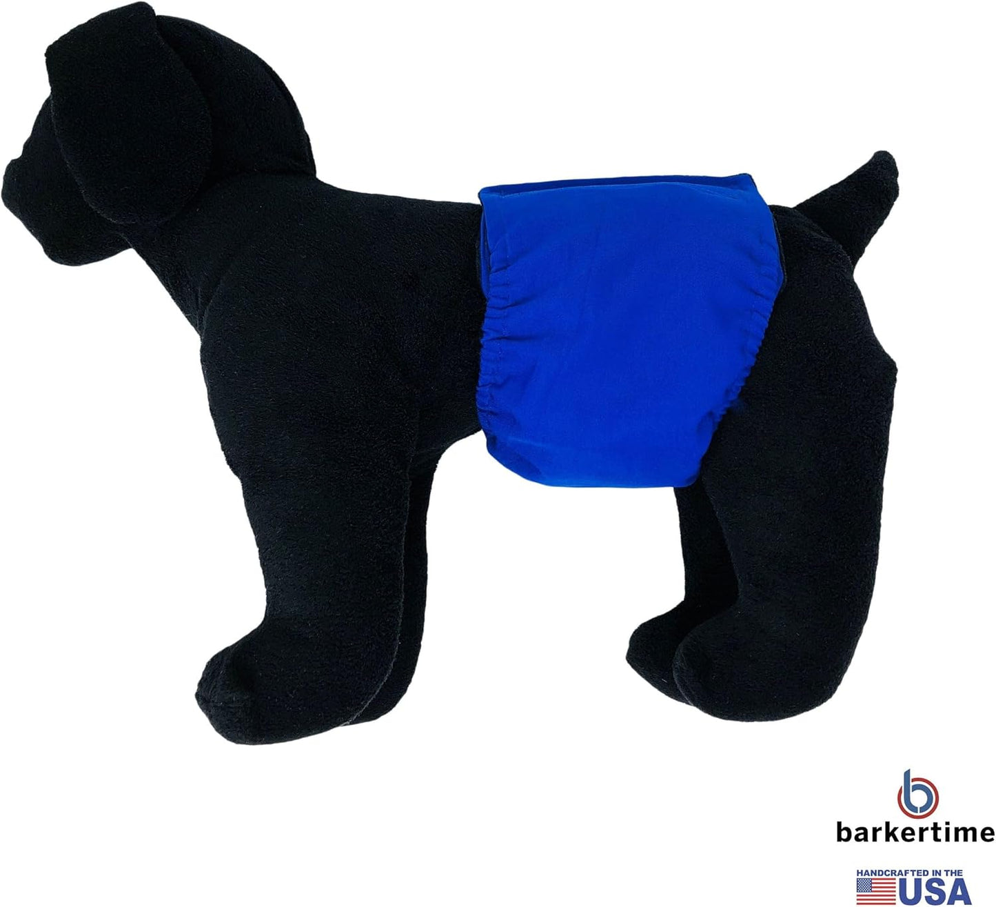 Barkertime medium male dog belly band in royal blue color showing adjustable fasteners