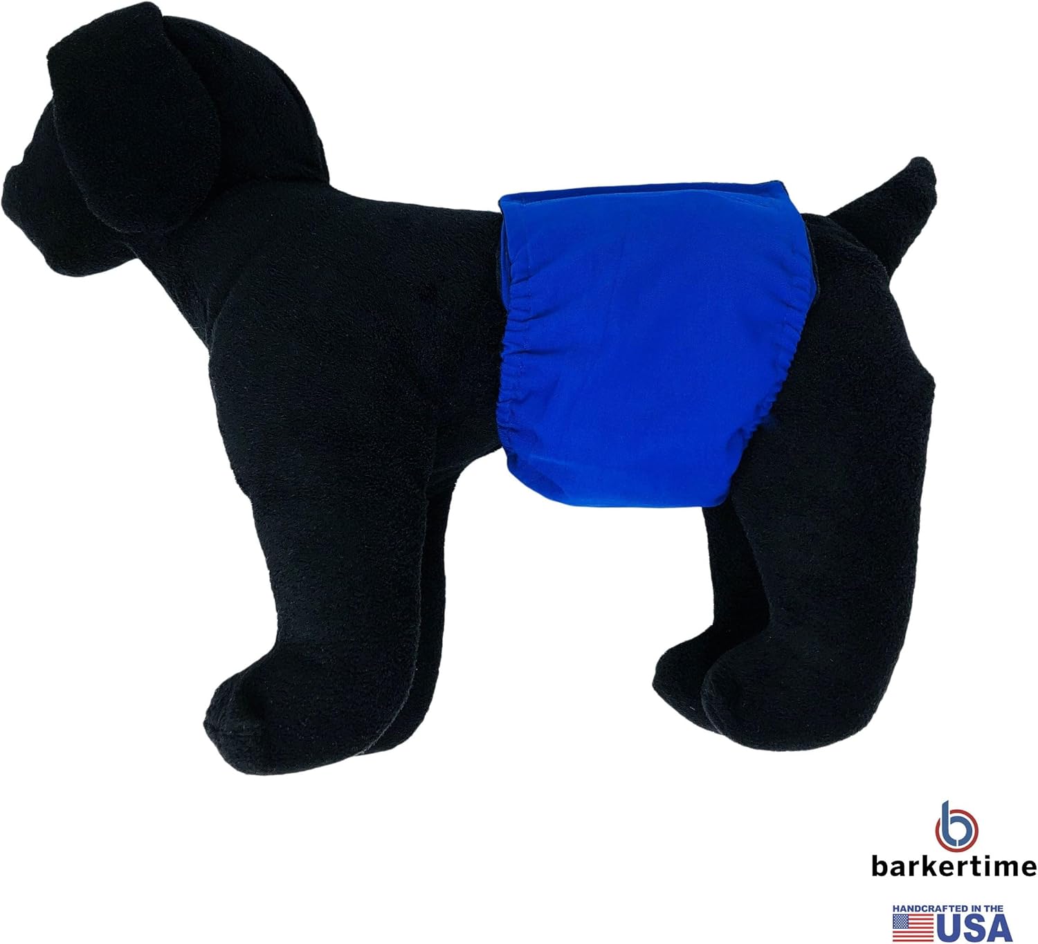 Barkertime medium male dog belly band in royal blue color showing adjustable fasteners