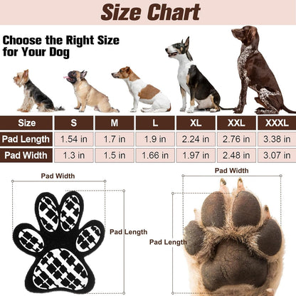 Dog wearing Beautyzoo anti-slip paw grips on hardwood floor