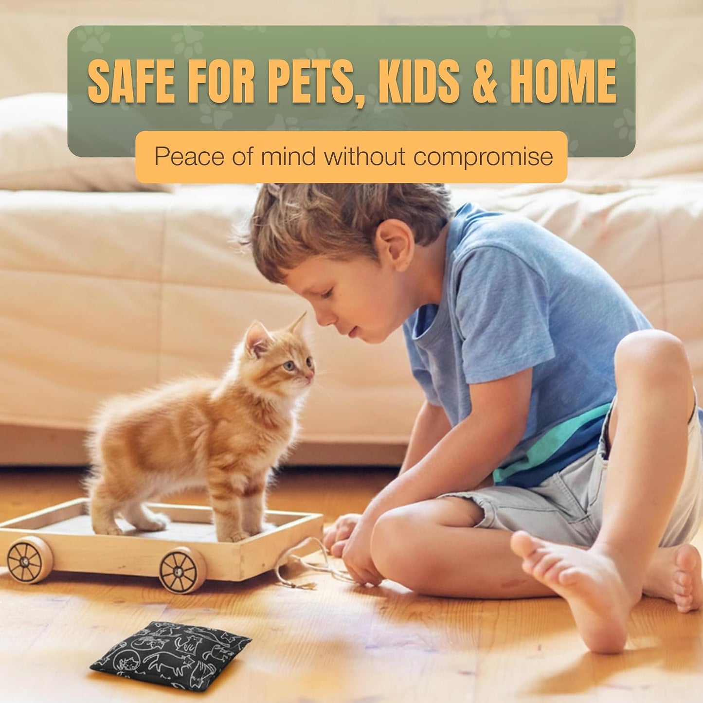 NOPEE black deterrent cloth bag placed on a living room rug