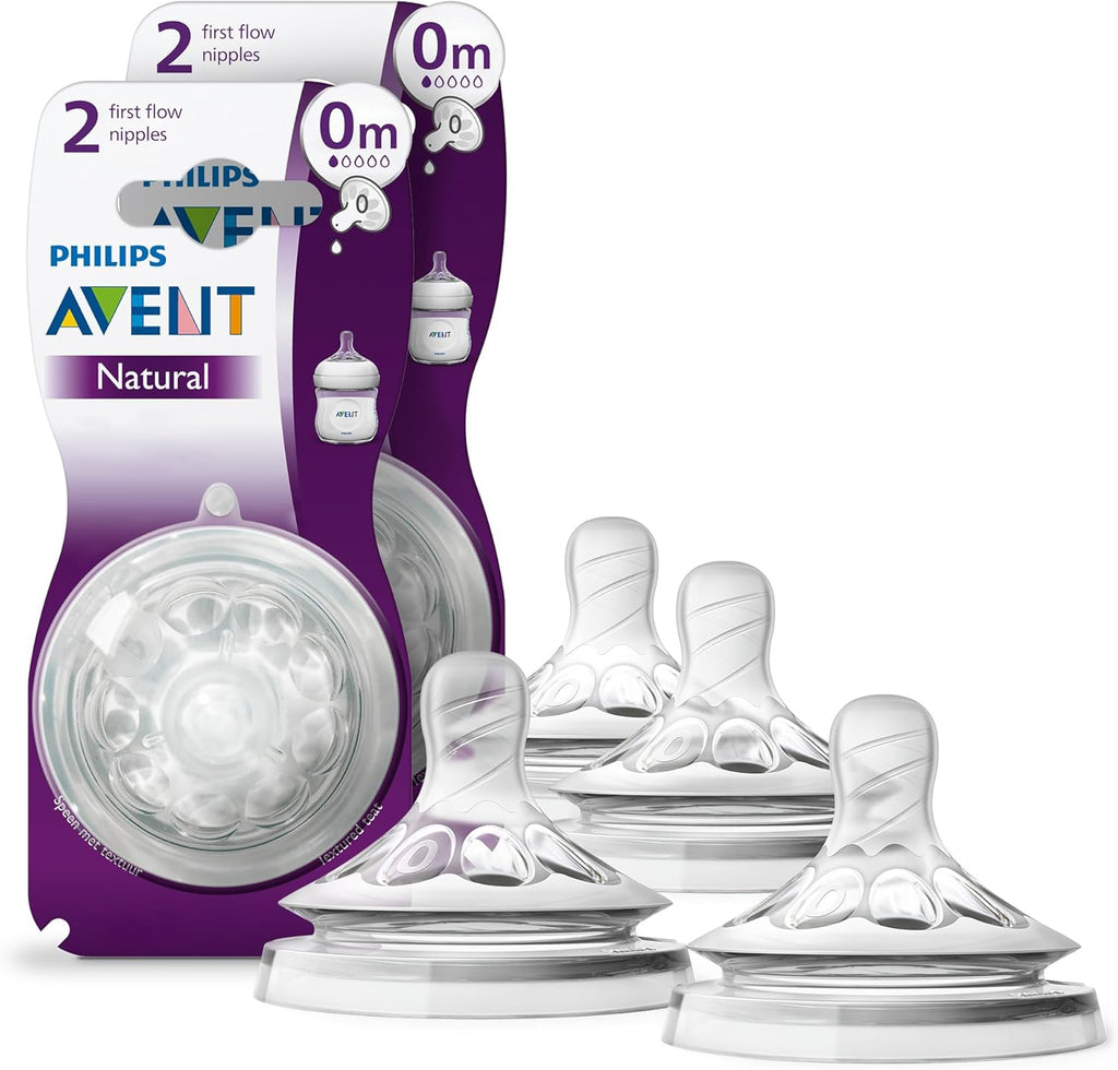 Philips Avent Natural First Flow Nipple four pack packaging front view for newborn feeding