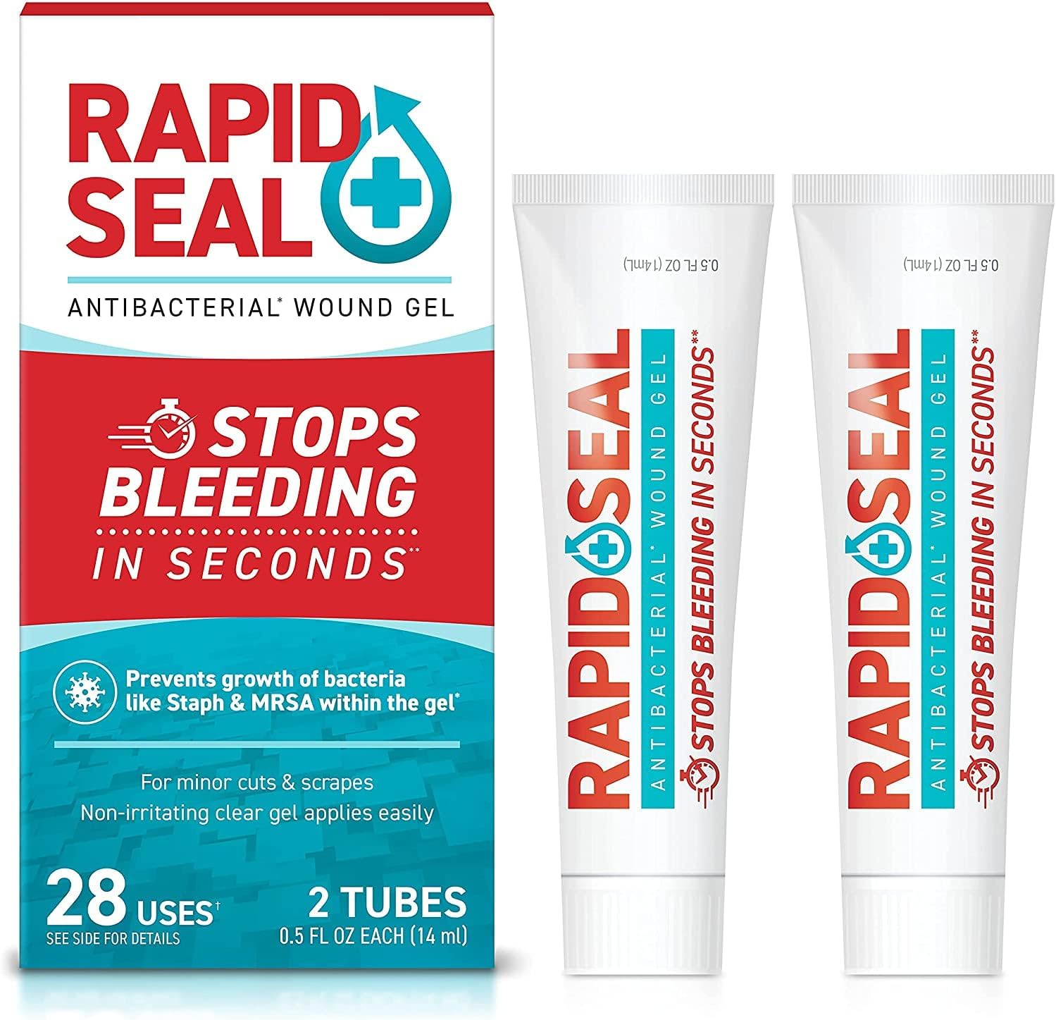 Rapid-Seal Antibacterial First Aid Wound Gel front view showing two tubes packaging