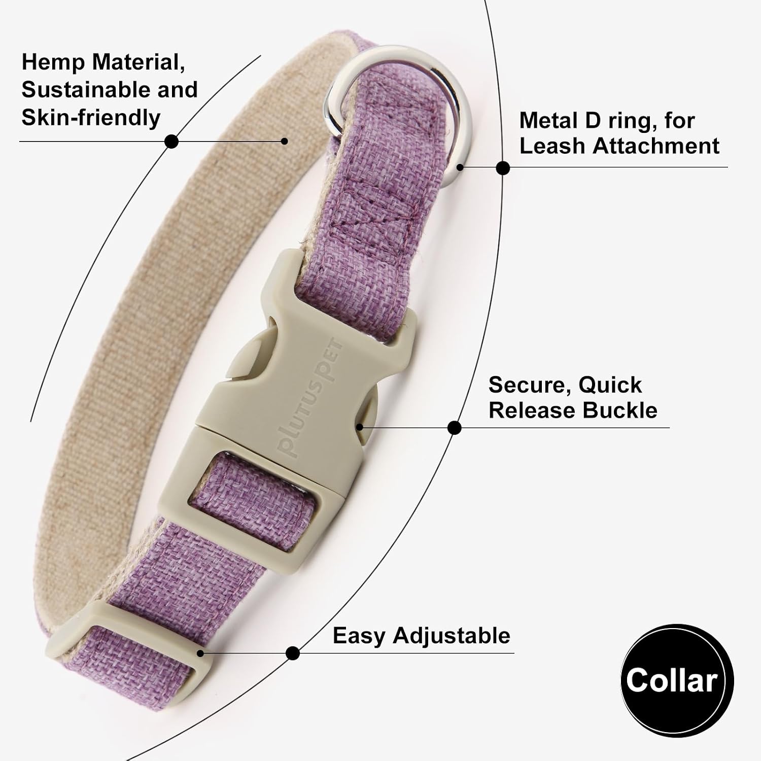 Adjustable plastic buckle on Plutus Pet lavender dog collar