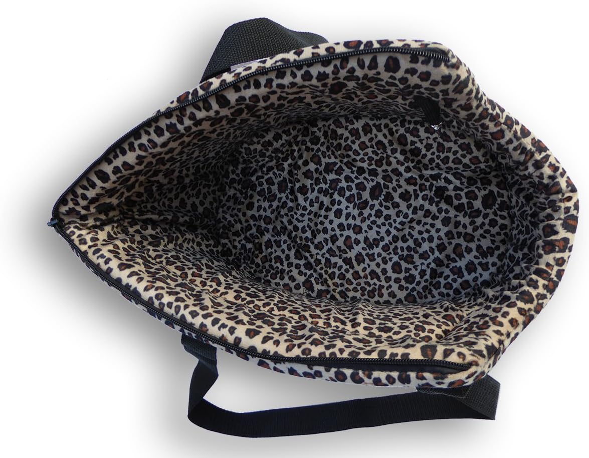 Interior view of HDP pet carrier with leopard print lining.