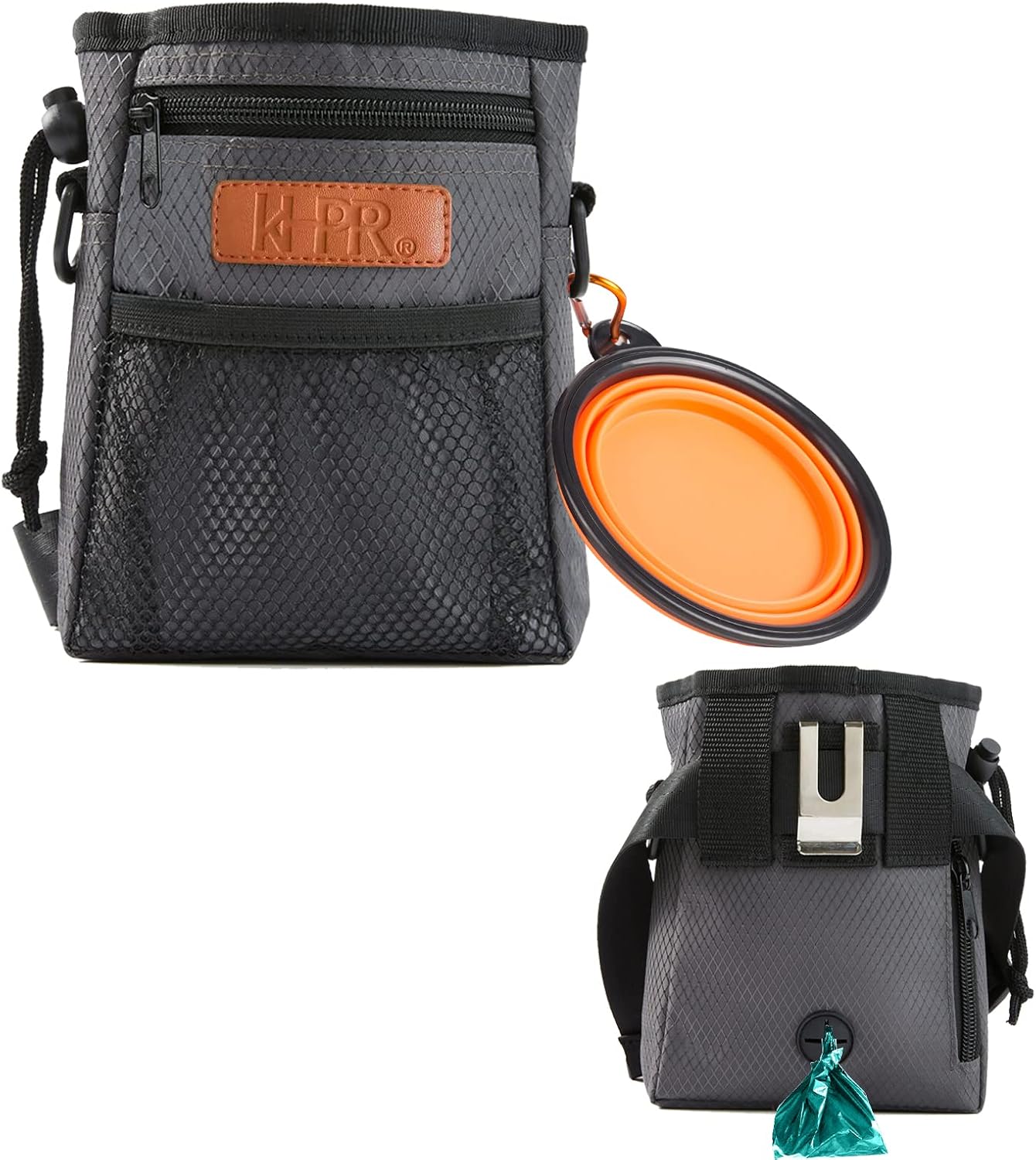 KHPR hands free dog treat bag clipped onto waist belt with metal clip