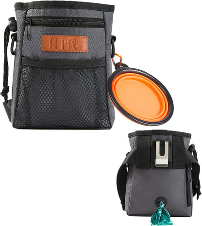 KHPR hands free dog treat bag clipped onto waist belt with metal clip