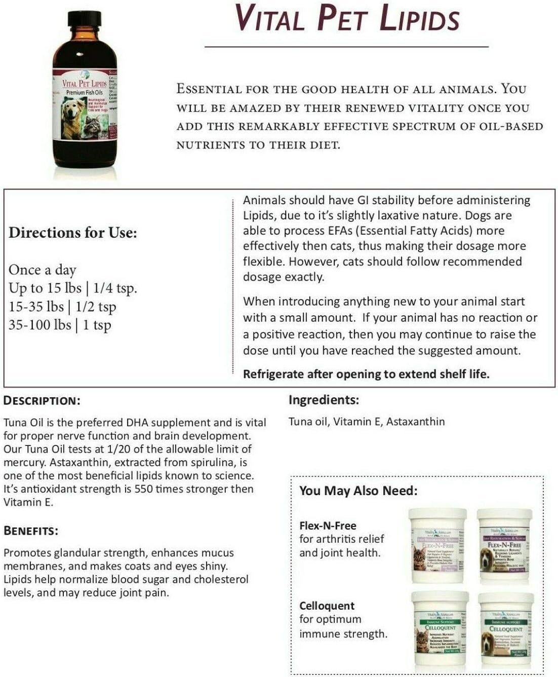 Vital Pet Lipids 8 Ounce bottle highlighting the mercury tested safety guarantee for pet health