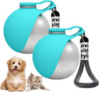 Compact pet travel accessories including a blue double function dog water bottle