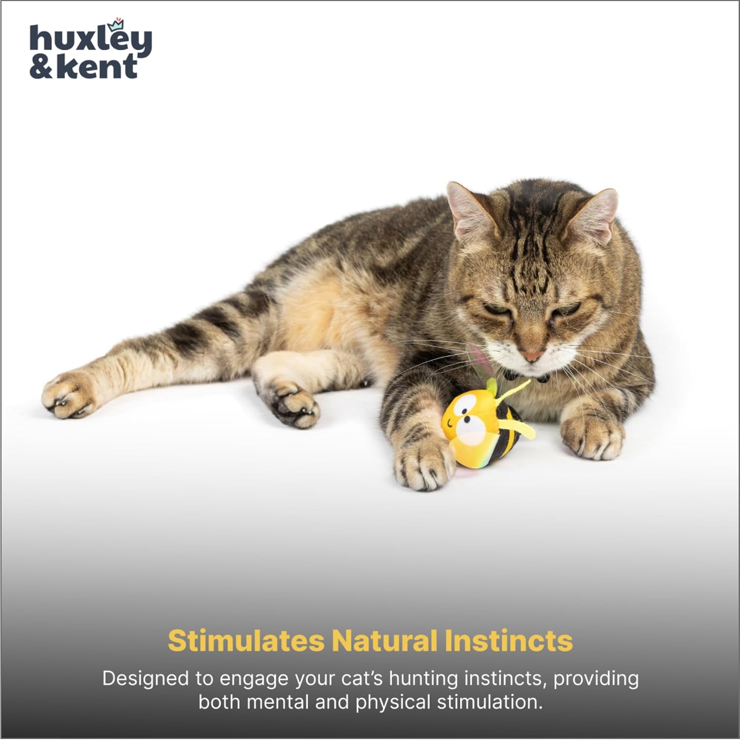 Side view of the bumble bee flinger pet product highlighting the durable stitching for cats.