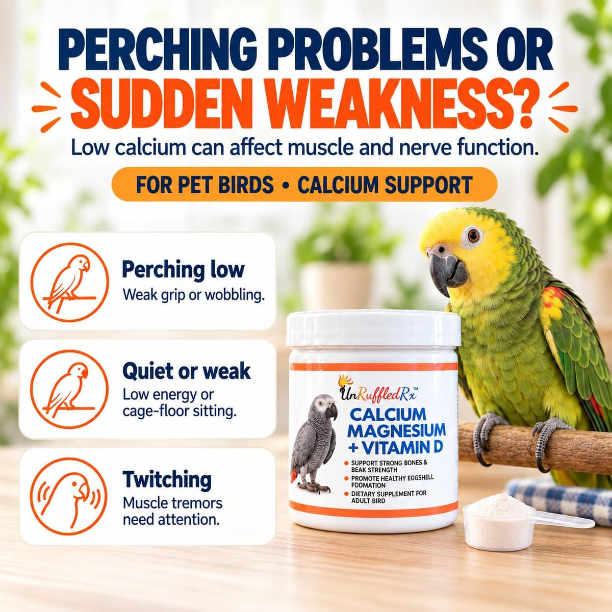 UnRuffledRx(TM) Bird Calcium Plus with Magnesium and D3, Dissolves Clear and Tasteless in Water, Supports Bone, Muscle, Feather and Egg Health, 45 Servings, Made in FDA-Registered USA Facility - Image 3