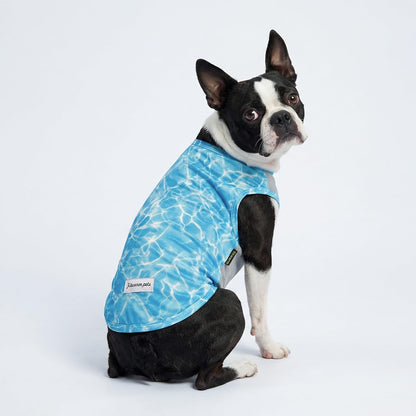 Detail view of starfish and turtle print on dog shirt