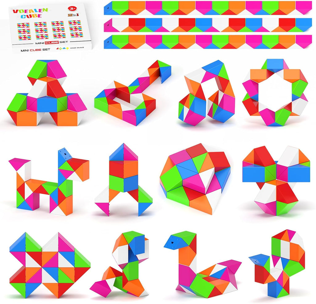 Vdealen 12 Pack Mini Fidget Snake Cube Twist Puzzle front view showcasing vibrant multicolor blocks