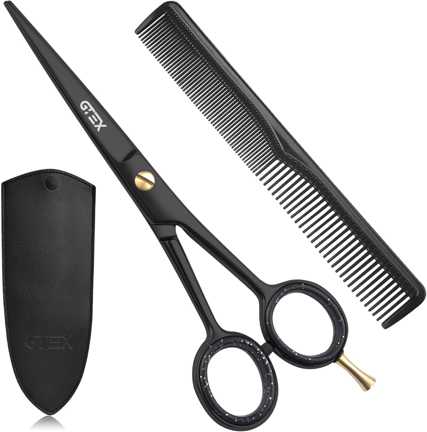 GTEX Professional Hair Cutting Scissors front view showcasing 6.5 inch black stainless steel blades.