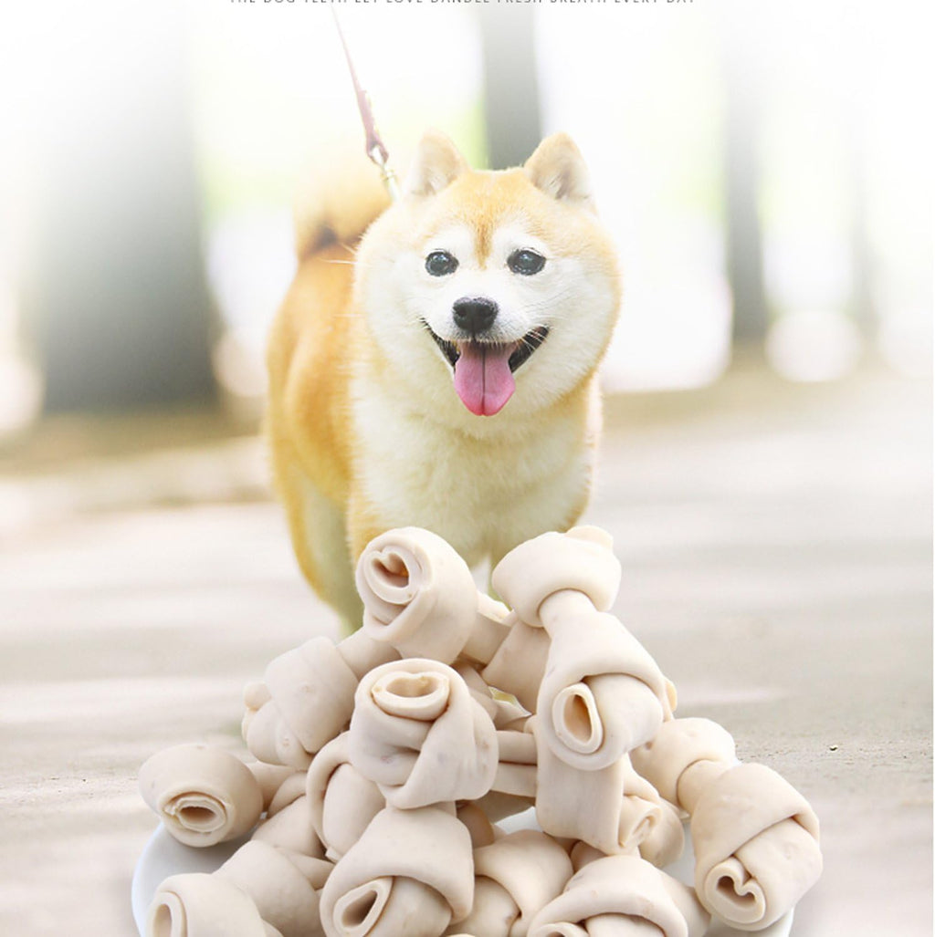 Sixty count pack of natural small dog rawhide chewing bones for teeth cleaning