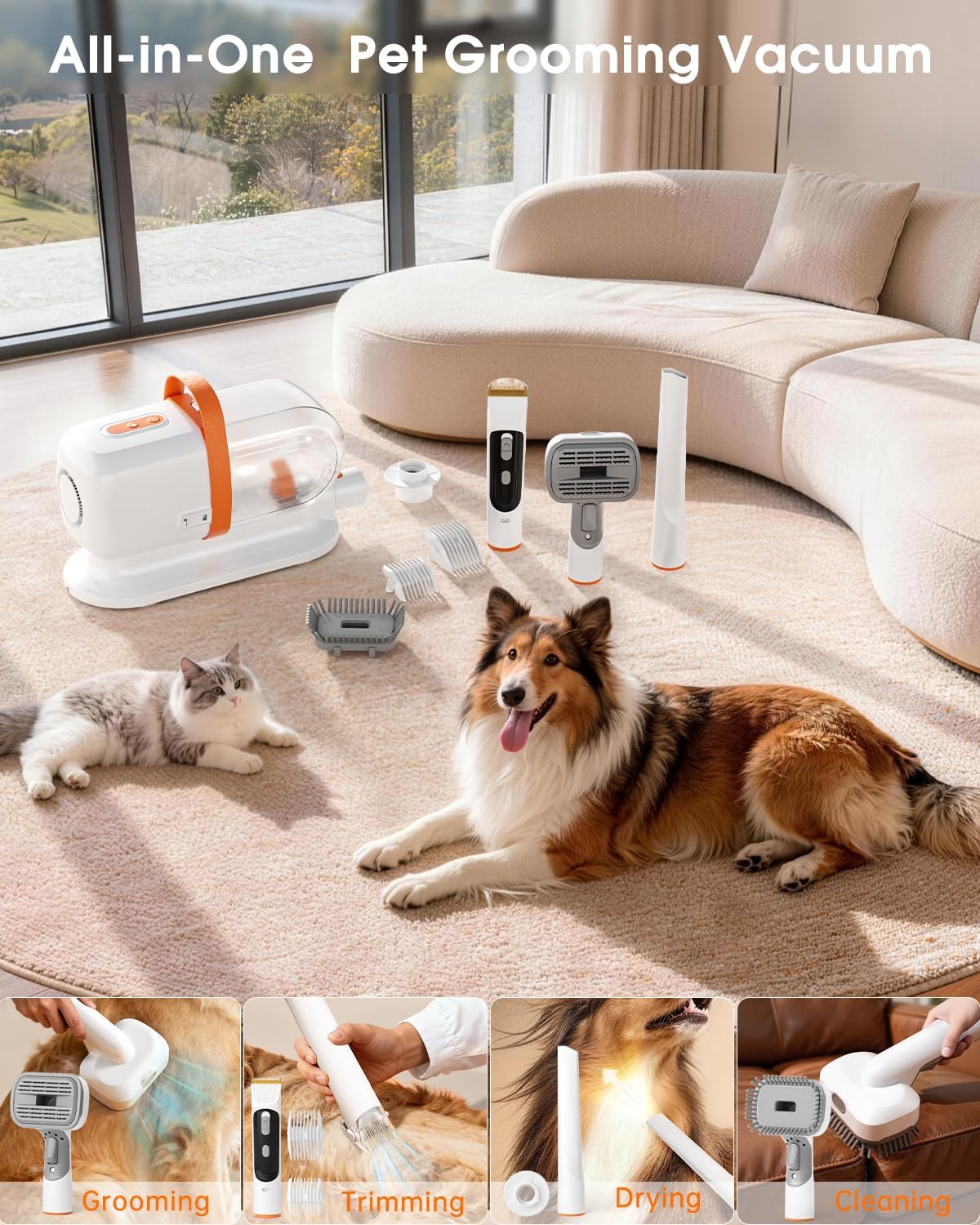 LOMMOL pet grooming vacuum with orange strap showing the two point two liter dust cup.