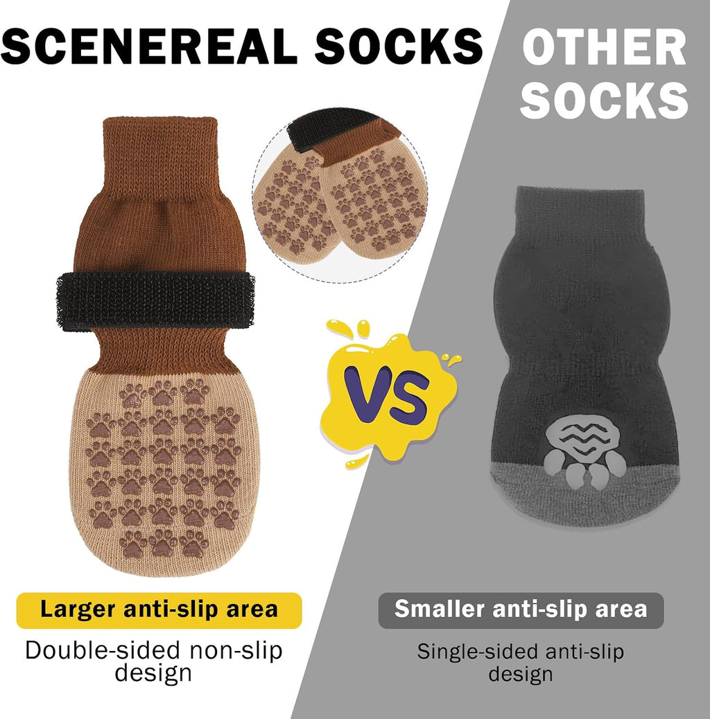 Small dog wearing Scenereal grippy socks for paw protection
