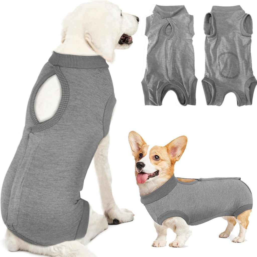 Lukovee dog recovery suit front view on a medium grey dog onesie