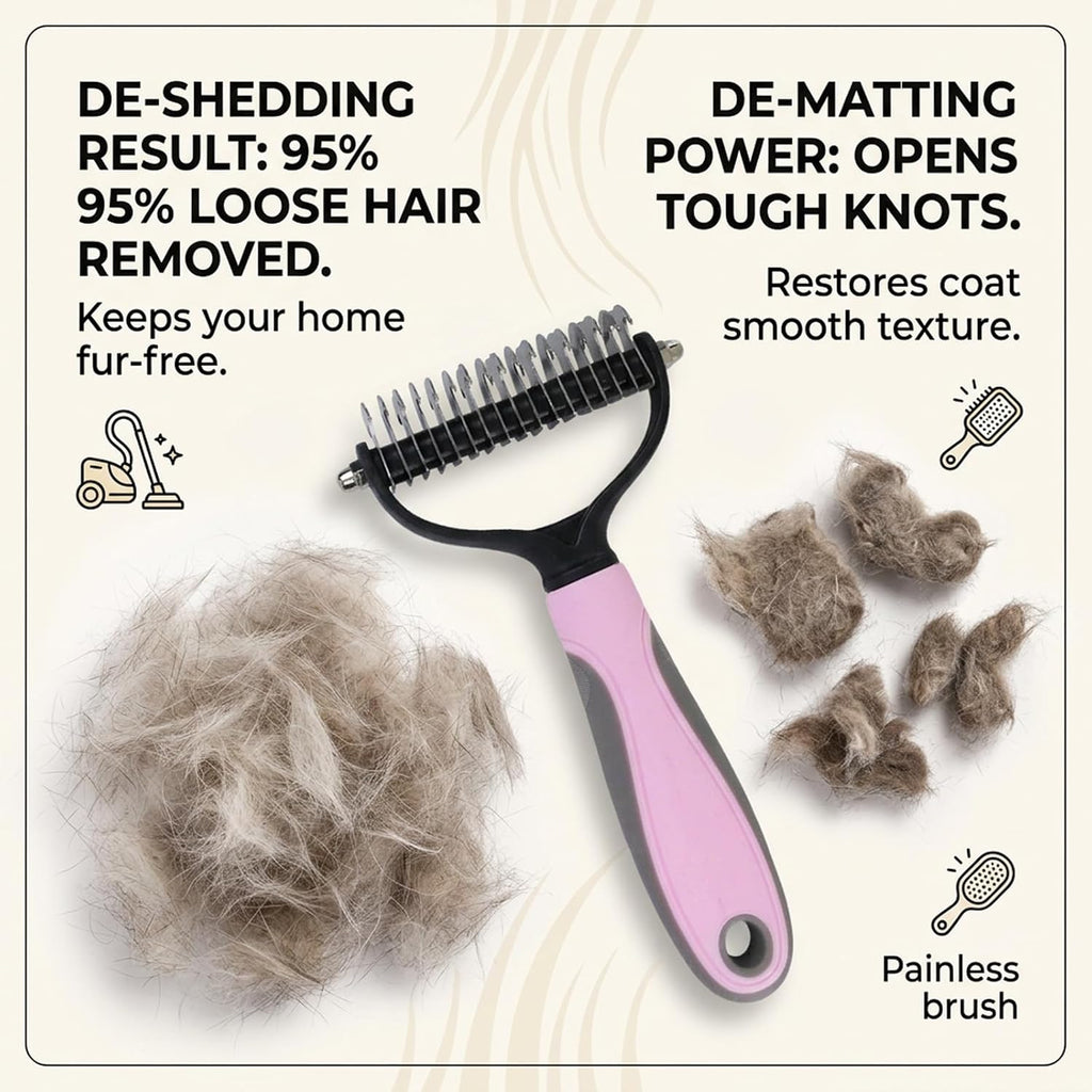 Close up view of stainless steel deshedding brush teeth