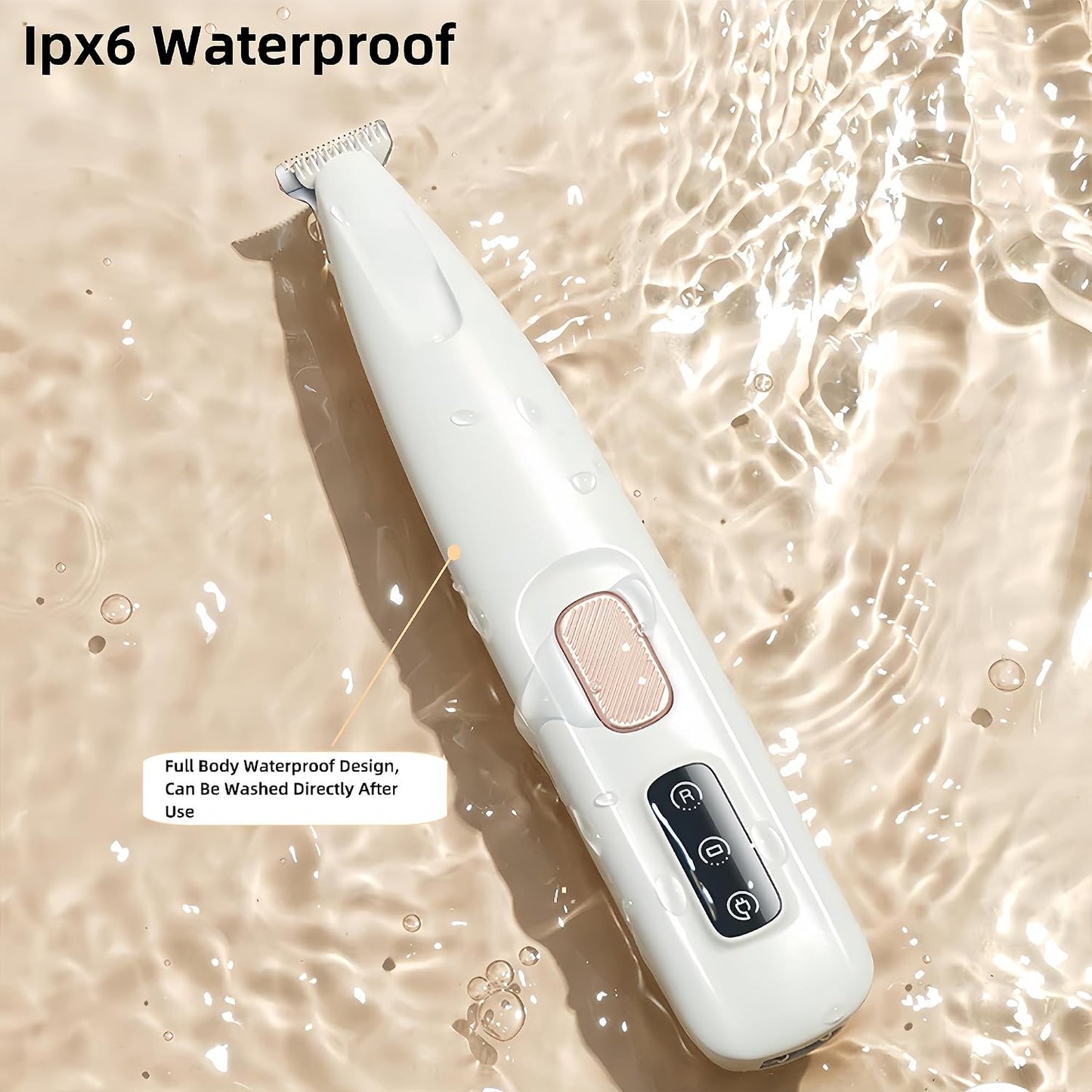 Low noise rechargeable pet shaver showing ceramic and stainless steel blade assembly