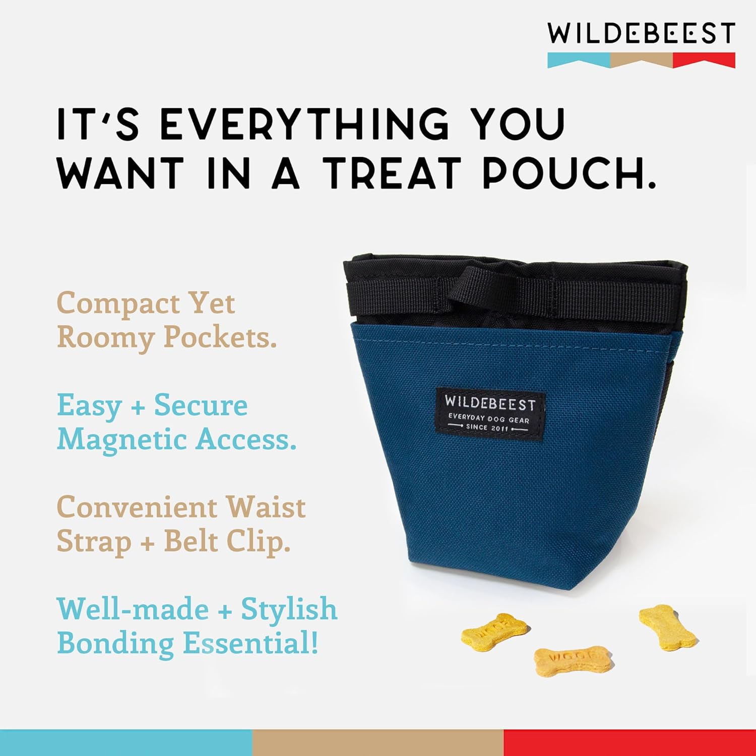 Wildebeest magnetic pet training bag with waist strap attached