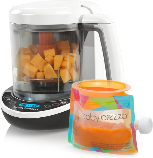 Baby Brezza One Step Baby Food Maker Deluxe front view showing digital display panel for automated organic baby food prep