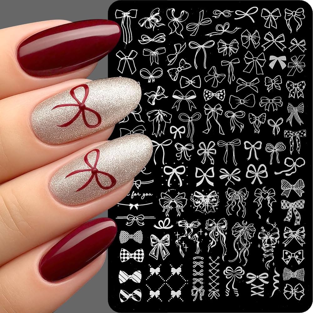 Jaliya Kawaii Bow Nail Stamping Plate front view showing various intricate ribbon designs.