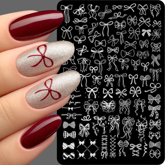 Jaliya Kawaii Bow Nail Stamping Plate front view showing various intricate ribbon designs.