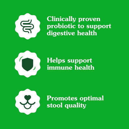 Greenies canine probiotic chews showcasing the daily feeding directions table for pet owners.