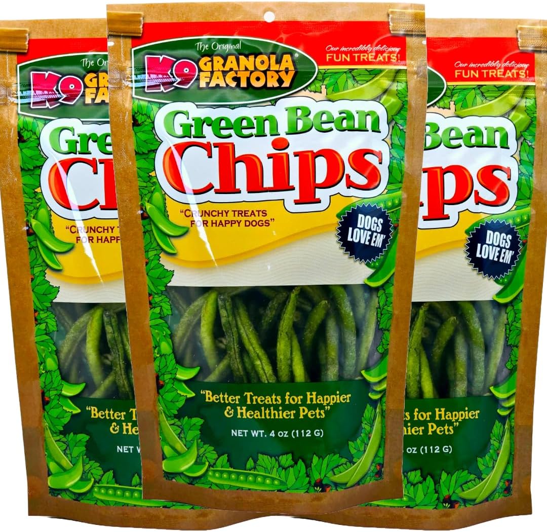 K9 Granola Factory Green Bean Chips Dog Treats Pack of 3 front view authentic dehydrated pet snacks