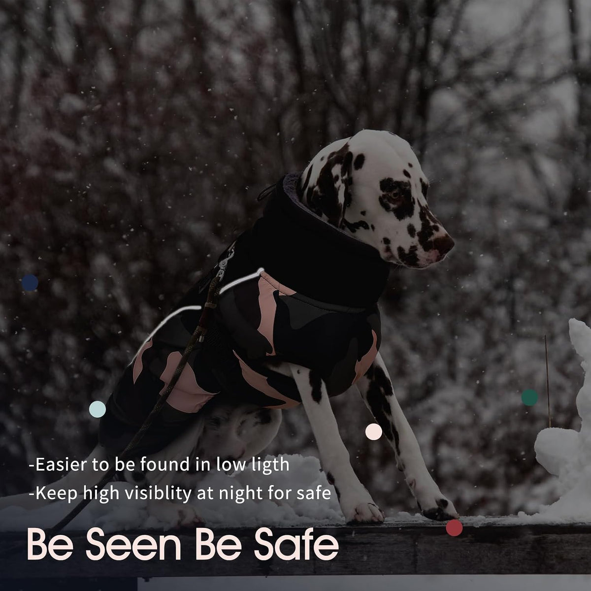 Rear view of dog coat showing reflective strip and leash hole