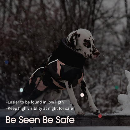 Rear view of dog coat showing reflective strip and leash hole