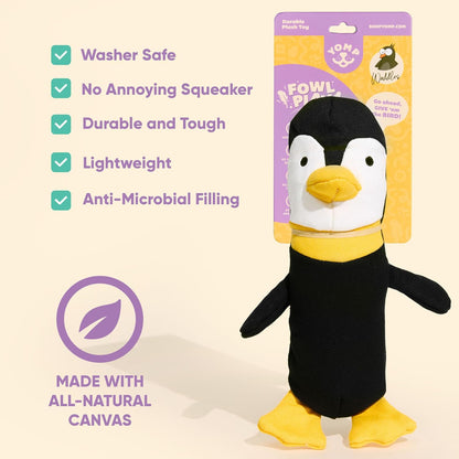 Interactive crinkle paper penguin dog toy in action