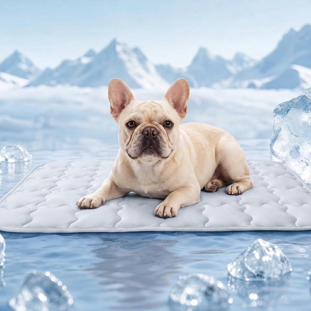 LINENLUX Dog Cooling Mat front view light grey pet bed on floor