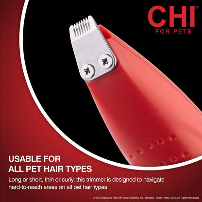 Red CHI pet hair trimmer displayed next to its universal USB charging cable to highlight the external battery-free design.