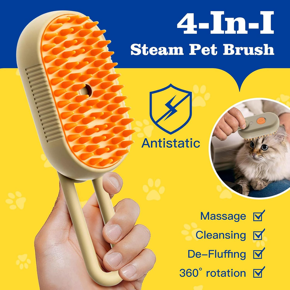 Pet steam brush showing the steam mist feature for cats