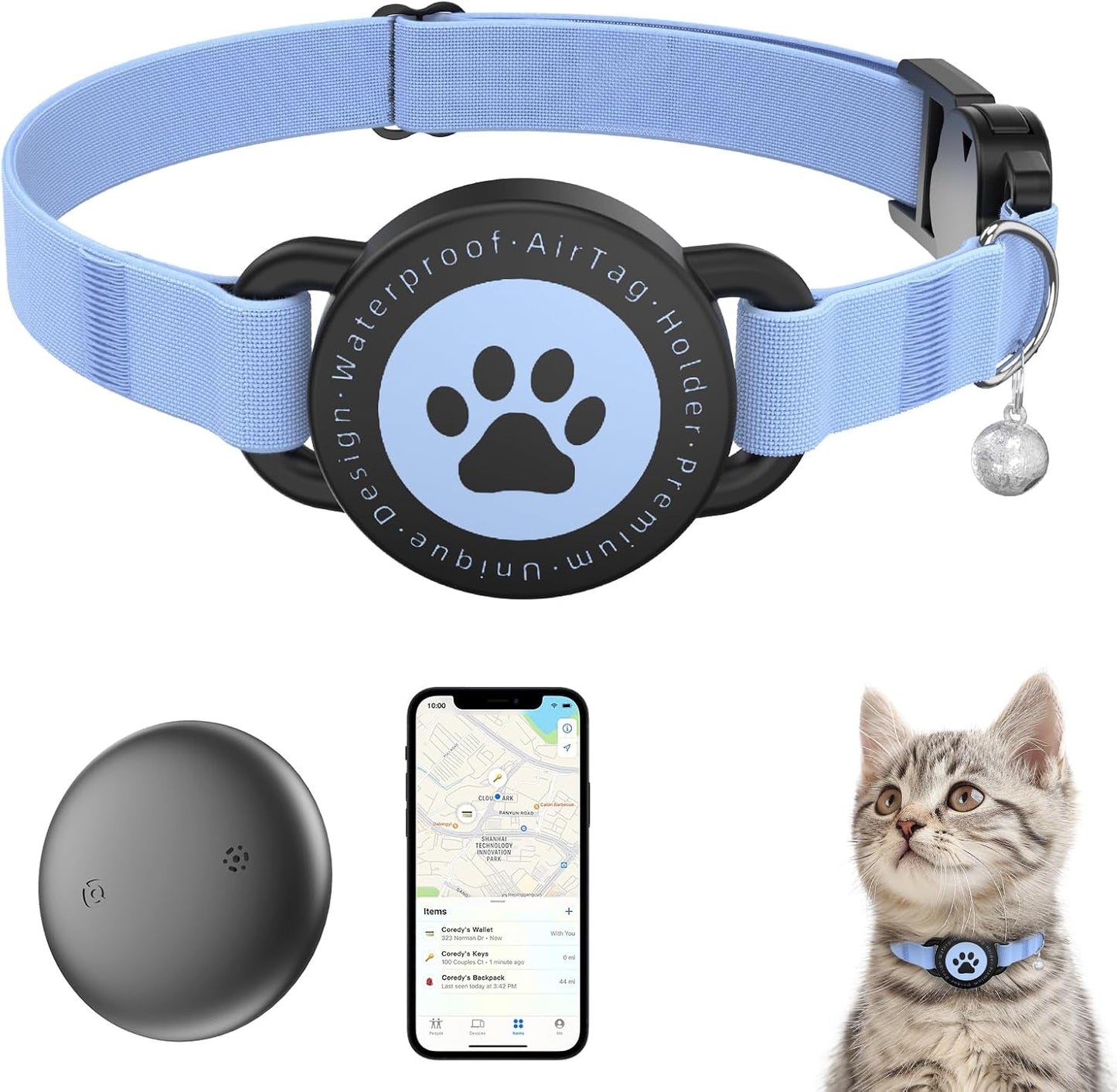 Fetaca Vebiso B1P GPS tracker for cat collar blue front view showing smart pet activity locator device
