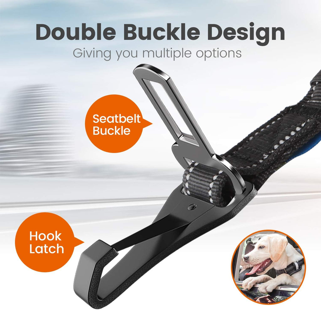 Iokheira dog seatbelt showing universal seatbelt buckle and latch hook