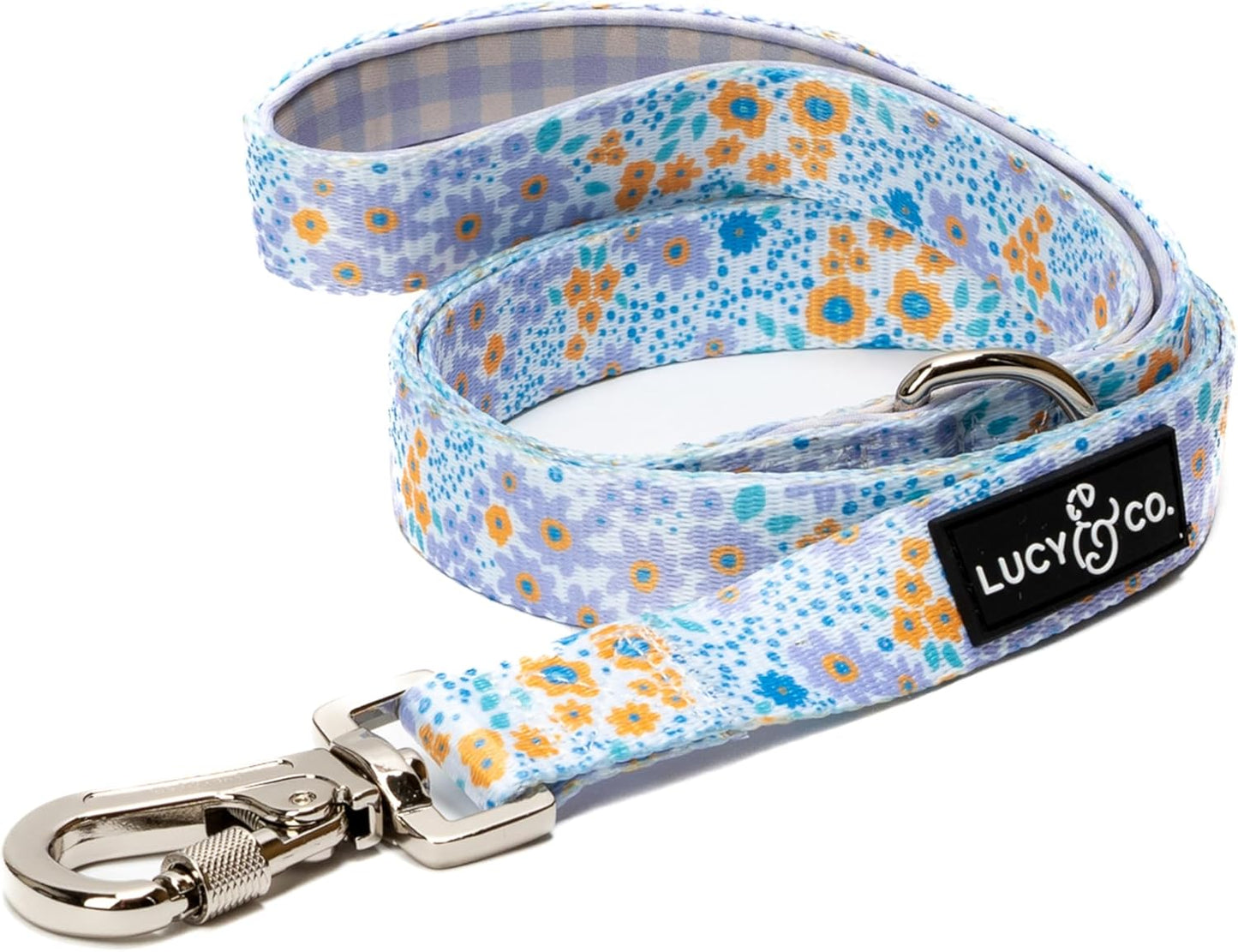 Lucy and Co designer dog leash front view showing the purple floral pattern.