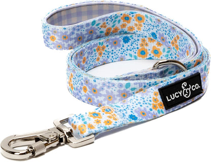 Lucy and Co designer dog leash front view showing the purple floral pattern.
