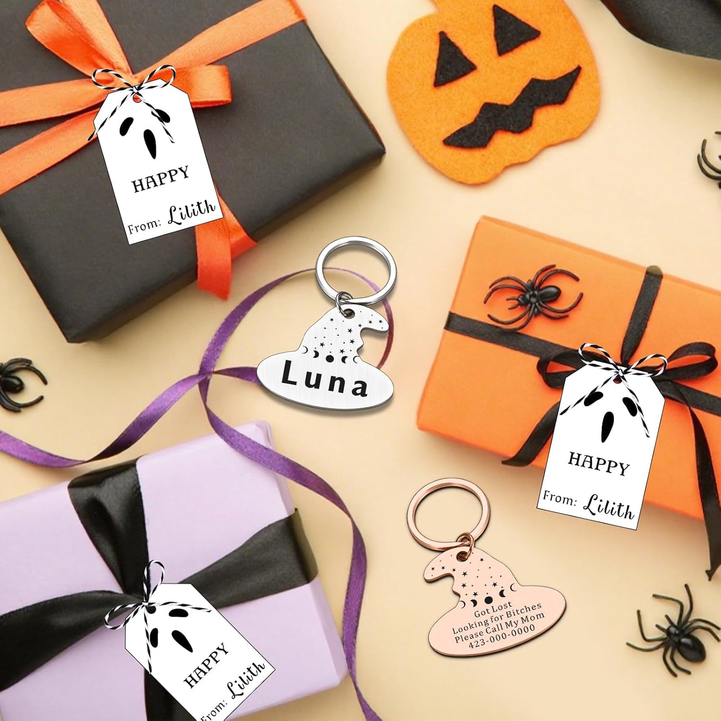 Kybkworm Halloween theme customized cat tag showing double sided engraving space