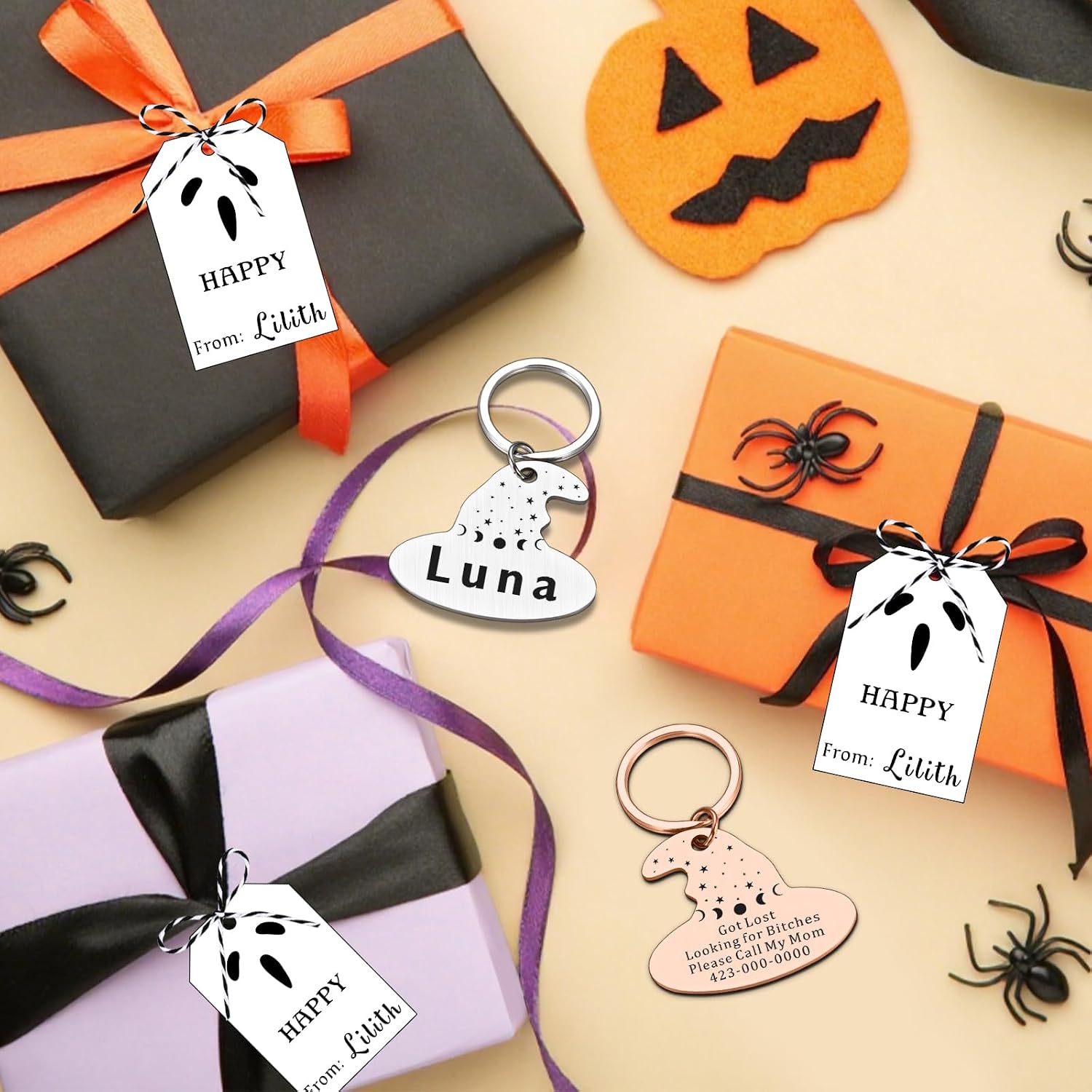 Kybkworm Halloween theme customized cat tag showing double sided engraving space