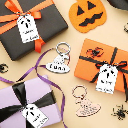 Kybkworm Halloween theme customized cat tag showing double sided engraving space