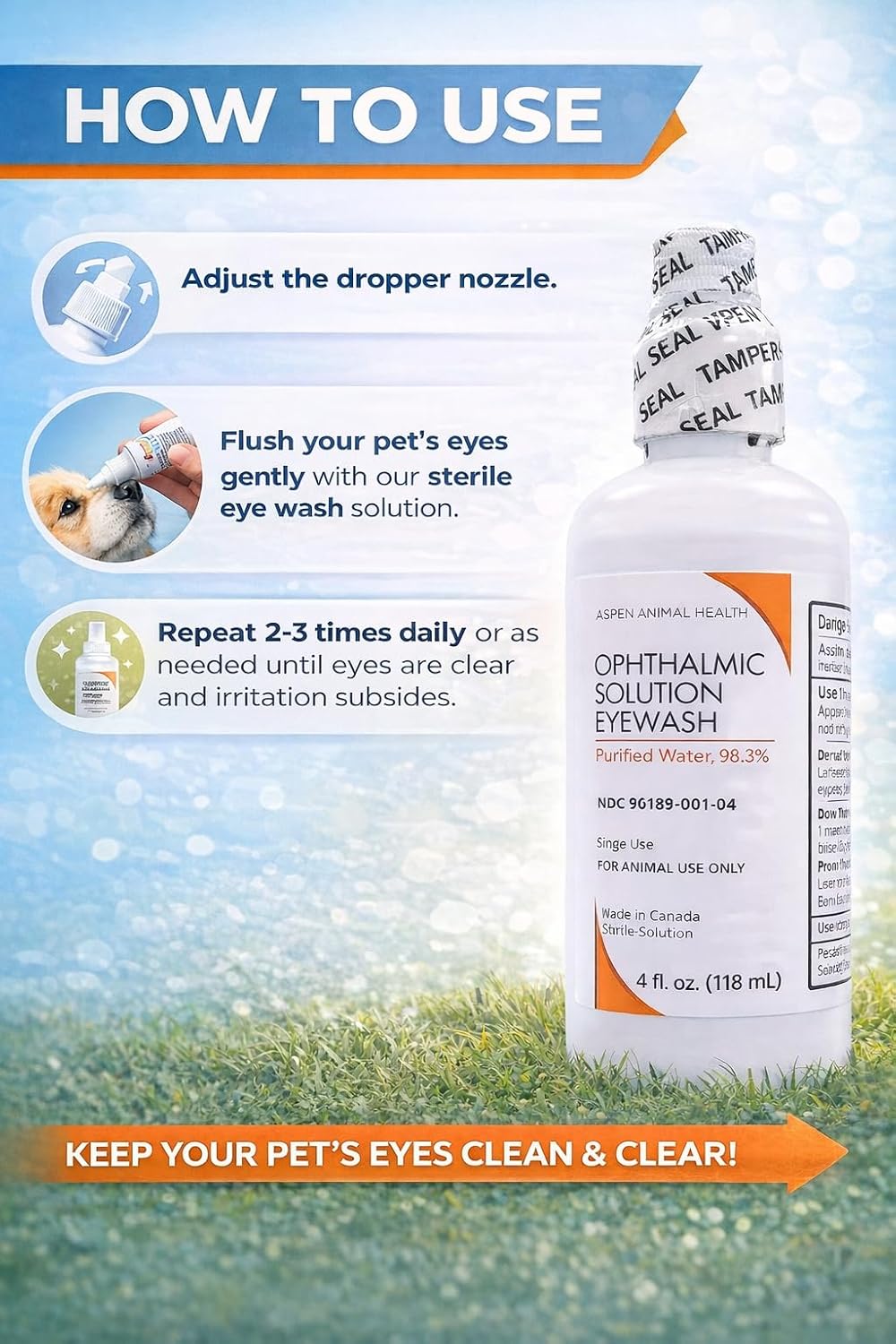 Four fluid ounces bottle of Aspen Animal Health pet eye drops rinse for removing tear stains.