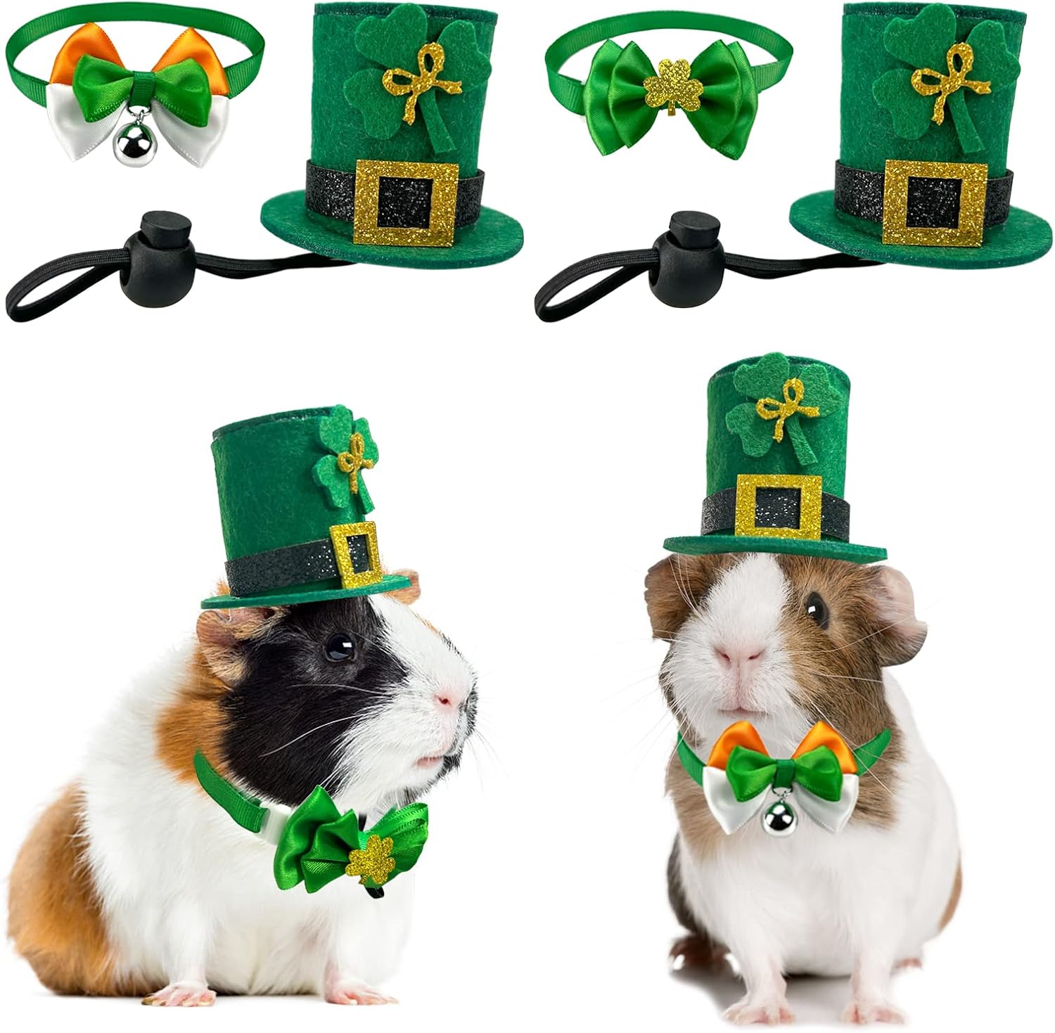 Vehomy small pet Saint Patricks Day outfit front view showing green shamrock hats and bowtie collars.