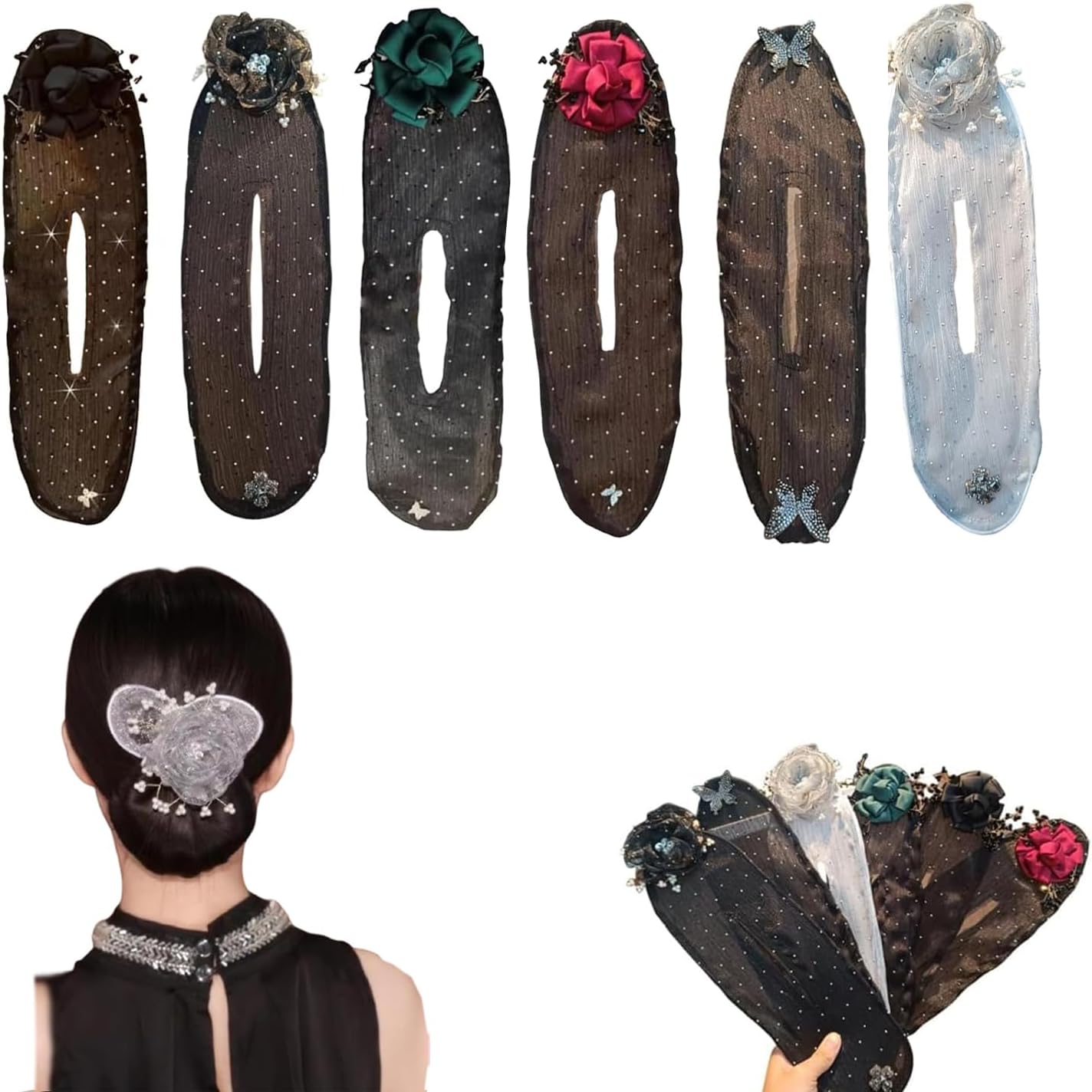 Dumwick mesh flower hair bun maker front view displaying embroidered flowers and pearls.