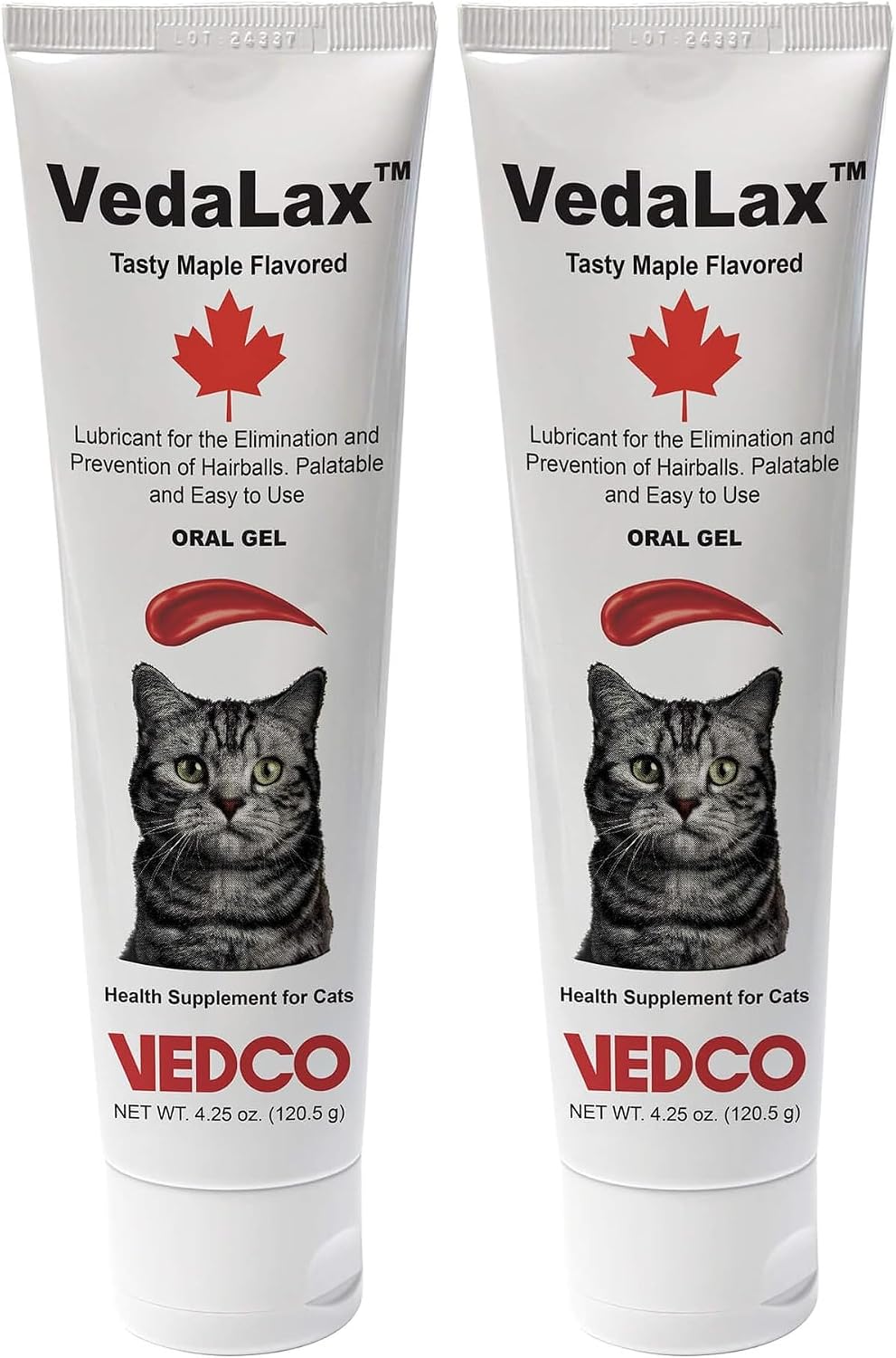 VedaLax Maple Flavored Cat Oral Gel packaging showing dosage instructions and measurements.